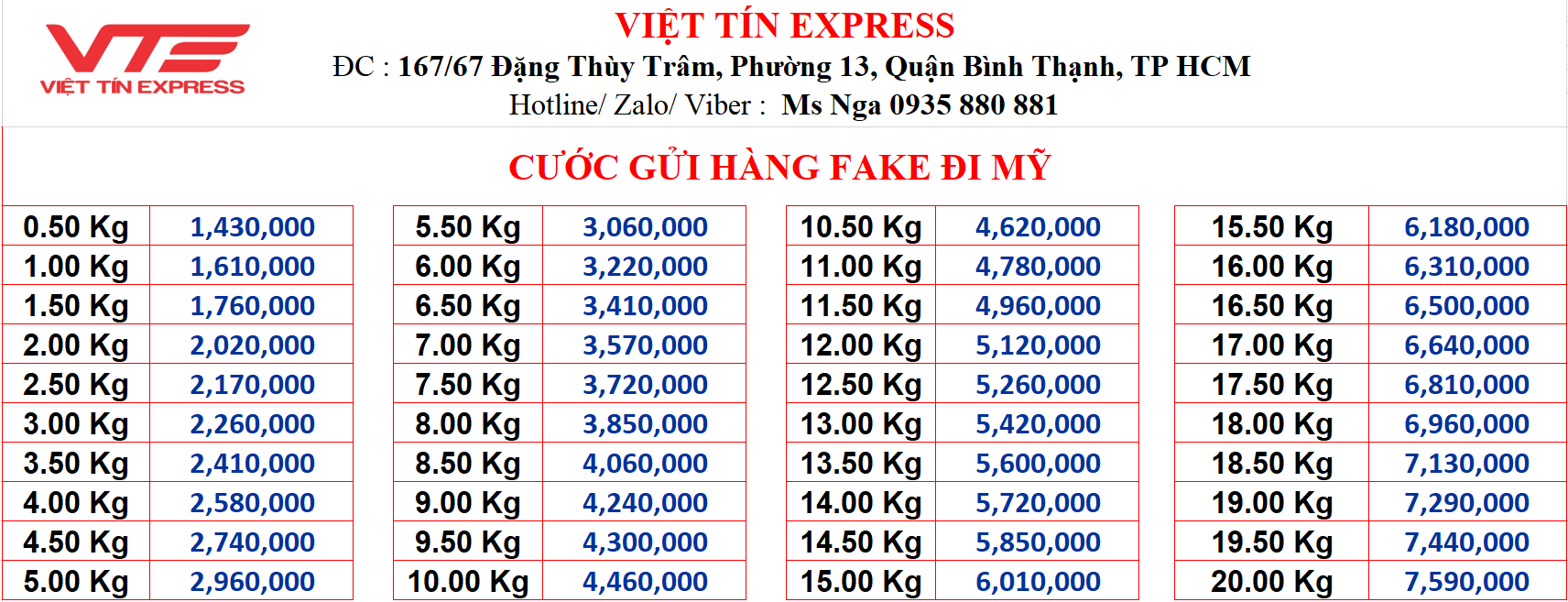 Giá cước gửi hàng fake đi Mỹ