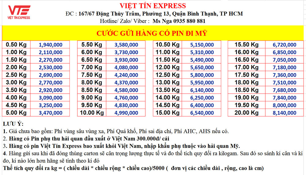 Giá cước gửi hàng có pin đi Mỹ