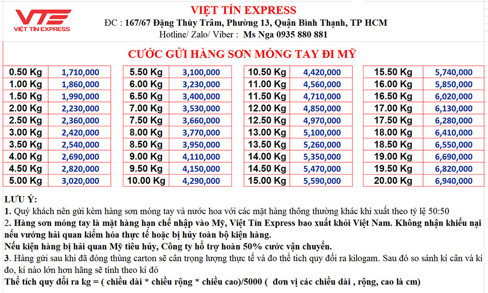 Giá cước gửi hàng sơn móng đi Mỹ