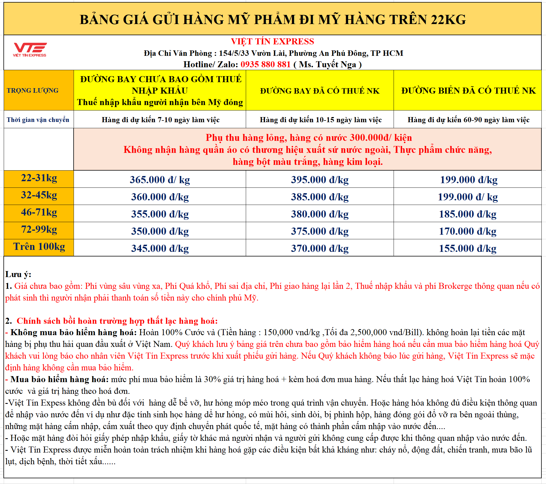 Bảng giá gửi hàng mỹ phẩm đi Mỹ trên 22kg