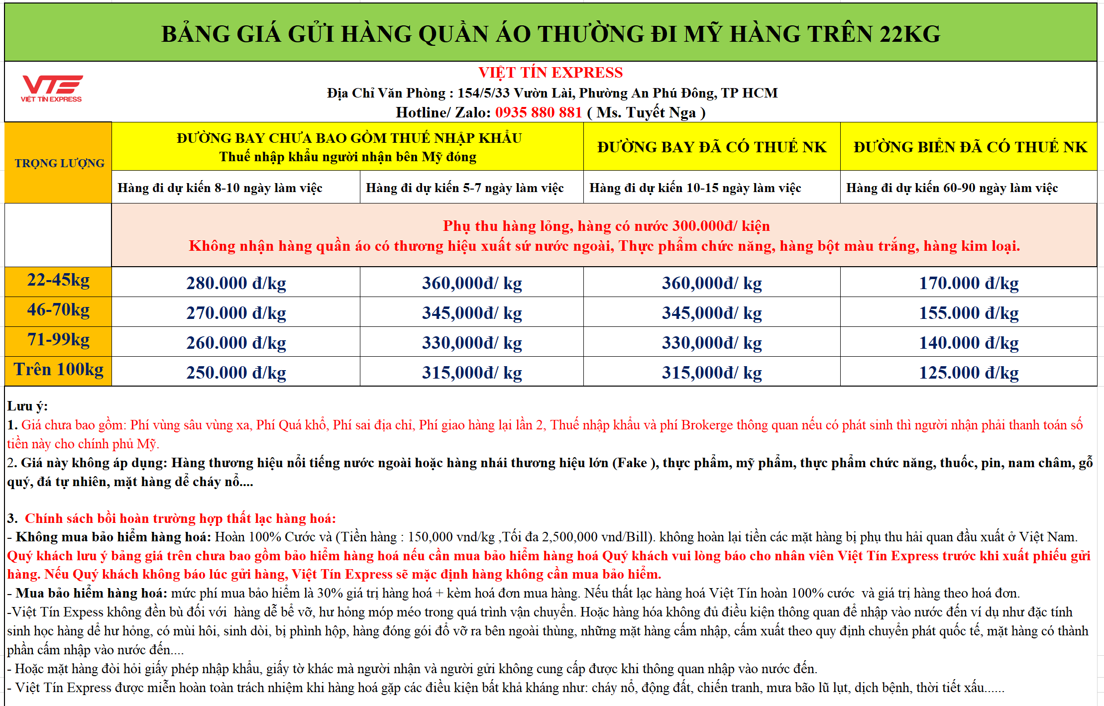 Bảng giá gửi hàng quần áo thường đi Mỹ trên 22kg