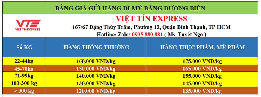 Bảng giá gửi hàng đi Mỹ đường biển tháng 9