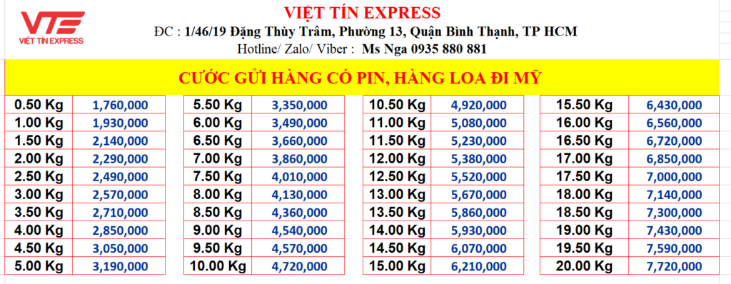 Cước gửi hàng có pin, hàng loa đi Mỹ