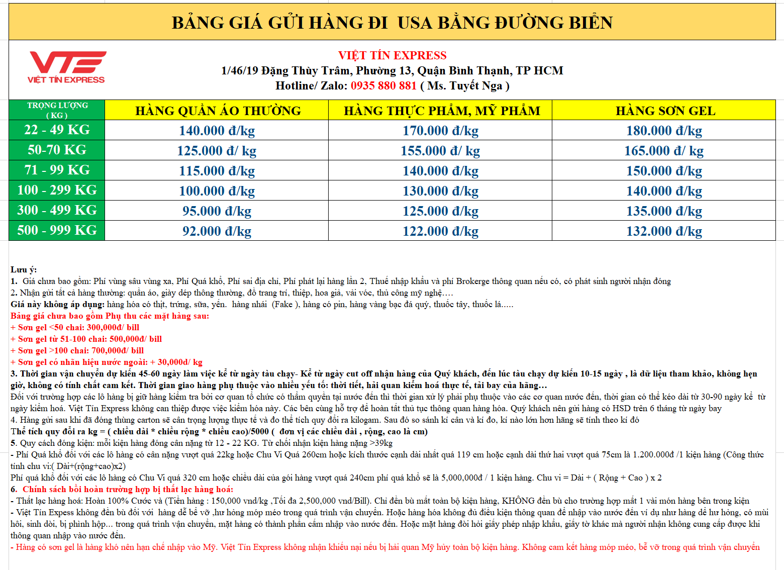 Bảng giá gửi hàng đi Mỹ bằng đường biển