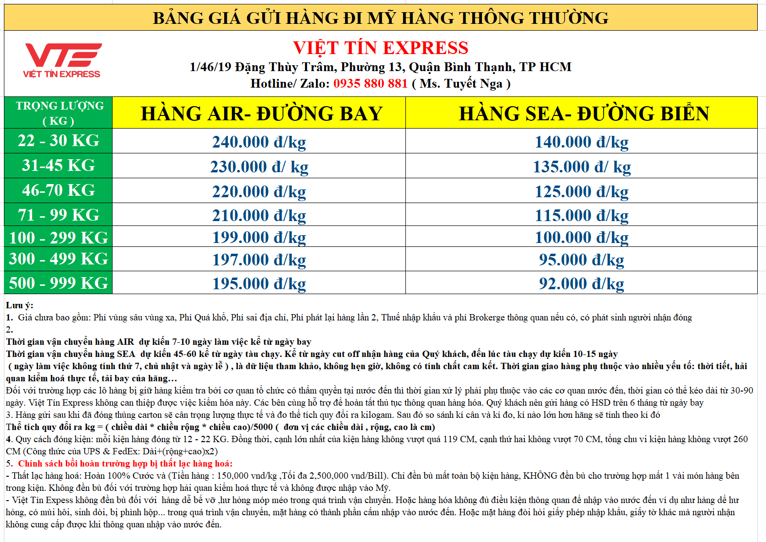 Bảng giá gửi hàng đi Mỹ hàng thông thường