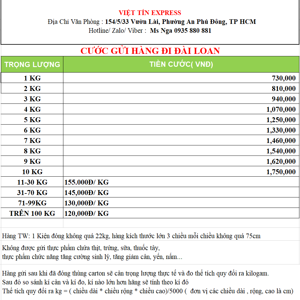 Giá cước gửi hàng đi Đài Loan