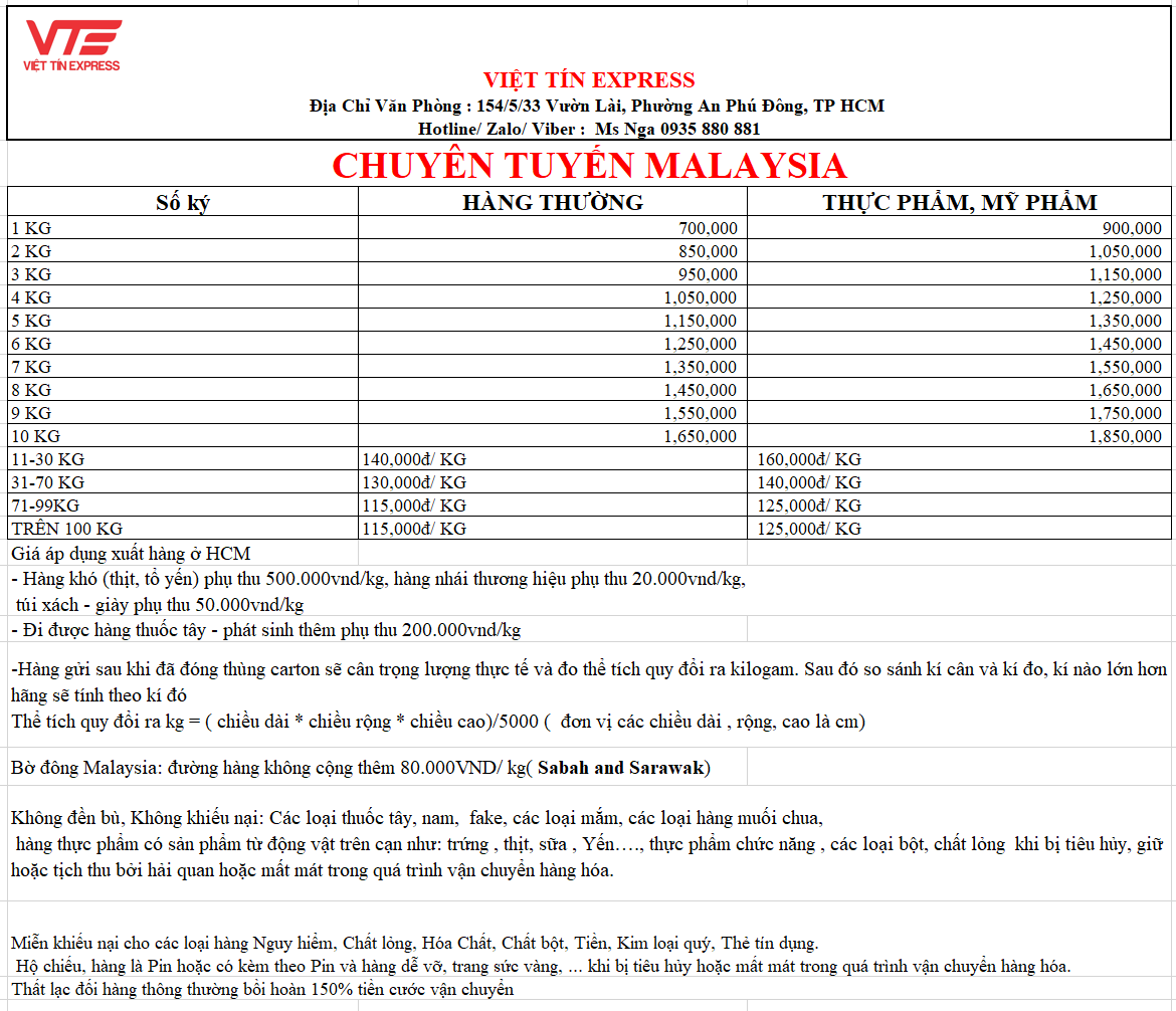 Giá cước gửi hàng đi Malaysia